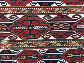 Karabagh or Shahsavan?! Awesome mafrash/bedding bed side panel. Cm 38x98. Second half 19th century. Very fine weave, wool & cotton, lovely, deep saturated colors, reds and blues and yellows, great pattern with  ...