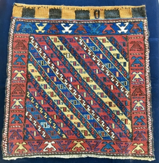 Shahsavan sumack khorjin bag face. Cm 57x59 ca. End 19th century. Great colors, great weaving details. A very beautiful bag, with a rough, primitive weave and crisp colours. In very good condition.  ...