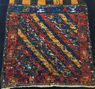 Shahsavan sumack khorjin bag face. Cm 57x59 ca. End 19th century. Great colors, great weaving details. A very beautiful bag, with a rough, primitive weave and crisp colours. In very good condition.  ...