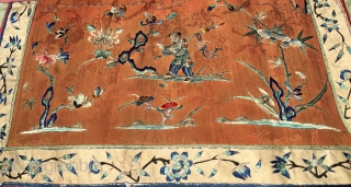 Chinese curtain element. Cm 50x195 ca. Late 19th century. Silk embroidery on silk basis. Metal thread in the outer border.  Three parts, each one with a different scene. Really beautiful. Good  ...