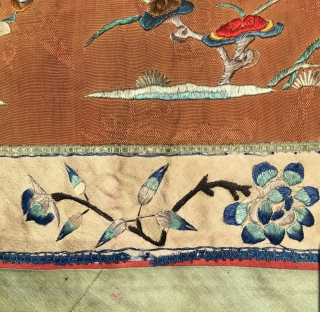 Chinese curtain element. Cm 50x195 ca. Late 19th century. Silk embroidery on silk basis. Metal thread in the outer border.  Three parts, each one with a different scene. Really beautiful. Good  ...