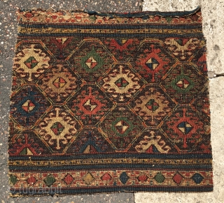 Shahsavan sumack mafrash panel. Cm 44x46. Imho 1840/1860. Deep saturated colors, see the yellows, see the greens, see..….etc….. Simple but sophisticated design. See the details!  See the back! Simply wonderful. One  ...