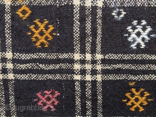 Goat hair kilim. Cm 113x243. Early to mid 20th century. Eastern Anatolia. Black & white checkered pattern with over hundred embroidered "guls". See description in here: http://rugrabbit.com/node/167998
      