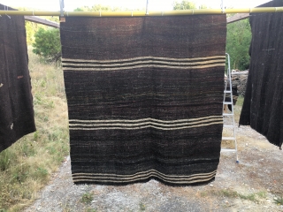 Goat hair kilim. Cm 160x195. Eastern Anatolia. Early to mid 20th century. Squarish in size. Lots of colored wool threads used in the weft. They used to size them according to their  ...