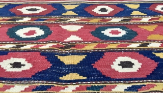 Caucasian Kazak Bordjalu kilim mafrash long panel. Cm 46x99. End 19th century or so. Pattern with sweet little medallions or diamonds!? Wonderful, natural saturated colors. A fantastic bight yellow, different madder reds,  ...