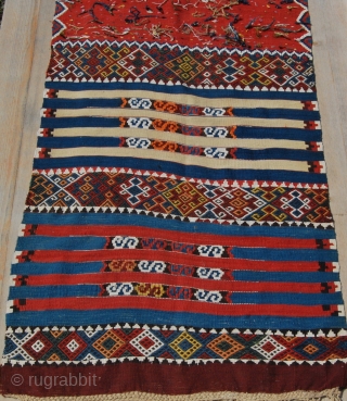 Eastern Anatolia Malatya wedding kilim strip. Probably Sinanli tribal group work. Size is cm 88x372. Datable end 19th/early20th century. In mint condition. Great, natural colors. Lots of "dileks"/wishes.     