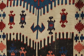 Western Anatolia kilim strip. Cm 86x342 ca. Mid 19th century. Could be an Aydin Cine or from Karakuzu village near Bergama. Great pattern, great saturated colors, among them a super aubergine………rare &  ...
