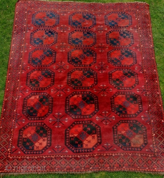 Antique Ersari rug, 284x234cm, glowing, saturated colours, with beautifully drawn and unusually simple secondary gols. Lots of lazy lines, goat hair warps. Condition as to be seen, mostly good pile, some areas  ...