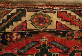 Qashqa'i saddle bag face, 19th century. Five to seven deeply saturated colors. Deep green in the central crab medallion with a slightly lighter shade in the top section.  More evident seen  ...