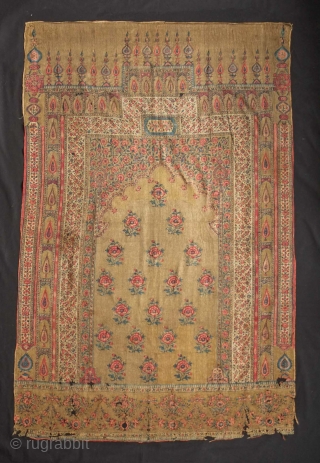 Kalamkar block print, early to mid-19th century.  Very thin cotton ground with heavy use of metallic thread in the field and borders.  Very fine drawing with life-like composition of the  ...