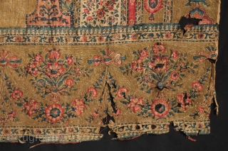 Kalamkar block print, early to mid-19th century.  Very thin cotton ground with heavy use of metallic thread in the field and borders.  Very fine drawing with life-like composition of the  ...