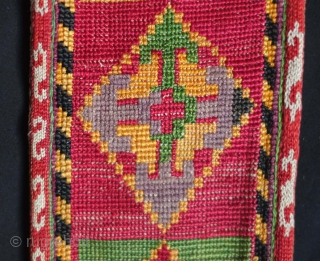 Uzbekistan Lakai silk cross stitch belt, 19th century. Great lively colors.  It even still has the silk knotted "buttons" on the bottom end.  11 x 87 cm    