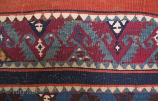 Sinanli kilim, 19th century. The motifs in green-blue have a wonderful archaic drawing.  Areas throughout have been stitched over to secure them in the older way of repai but it is  ...