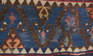 Sinanli kilim, 19th century. The motifs in green-blue have a wonderful archaic drawing.  Areas throughout have been stitched over to secure them in the older way of repai but it is  ...