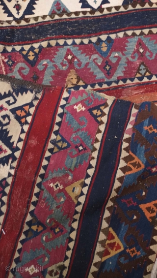 Sinanli kilim, 19th century. The motifs in green-blue have a wonderful archaic drawing.  Areas throughout have been stitched over to secure them in the older way of repai but it is  ...