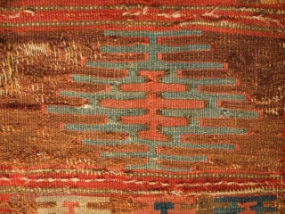 Sivrihisar or Afyon kilim, early 19th century or possibly earlier. Excellent colors. Mounted on linen.  145 x 248 cm, linen 162 x 265 cm.  Contact danauger@tribalgardenrugs.com     