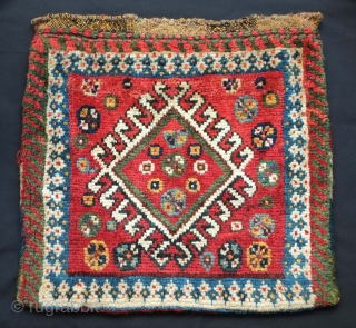 Qashqa'i complete bag, 19th century.  You can feel the lanolin in the plush wool pile.  Mezmerizing kilim back.  41 x 39 cm.  Contact danauger@tribalgardenrugs.com     