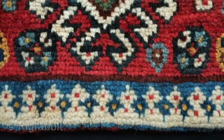 Qashqa'i complete bag, 19th century.  You can feel the lanolin in the plush wool pile.  Mezmerizing kilim back.  41 x 39 cm.  Contact danauger@tribalgardenrugs.com     