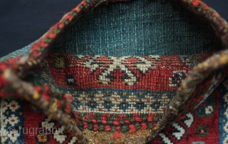 Qashqa'i complete bag, 19th century.  You can feel the lanolin in the plush wool pile.  Mezmerizing kilim back.  41 x 39 cm.  Contact danauger@tribalgardenrugs.com     