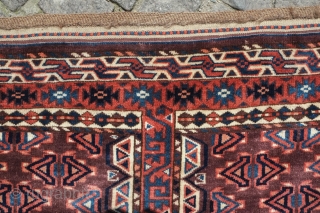 Yomut engsi, 19th century. Excellent condition with full pile.  Nice elems and particularly striking are the zoomorphic motifs in the cross hatch borders.  145 x 178 cm. Contact danauger@tribalgardenrugs.com  