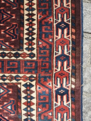 Yomut engsi, 19th century. Excellent condition with full pile.  Nice elems and particularly striking are the zoomorphic motifs in the cross hatch borders.  145 x 178 cm. Contact danauger@tribalgardenrugs.com  