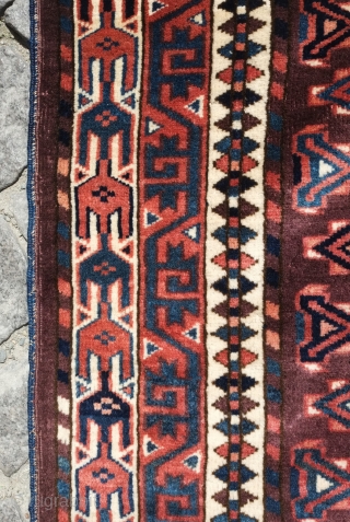 Yomut engsi, 19th century. Excellent condition with full pile.  Nice elems and particularly striking are the zoomorphic motifs in the cross hatch borders.  145 x 178 cm. Contact danauger@tribalgardenrugs.com  
