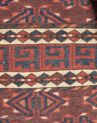 Yomut engsi, 19th century. Excellent condition with full pile.  Nice elems and particularly striking are the zoomorphic motifs in the cross hatch borders.  145 x 178 cm. Contact danauger@tribalgardenrugs.com  