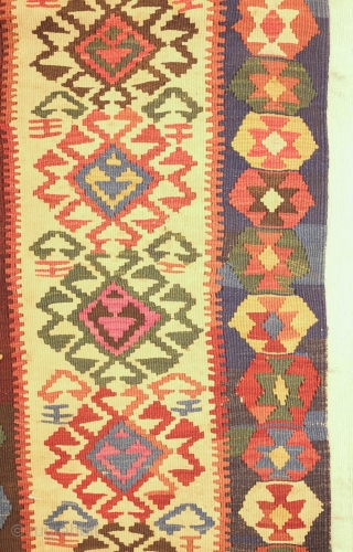Gumusane or Kagizman kilim, late 19th century.  Wonderful colors on this tribal kilim.  Note the wear in the upper left hand corner.  128 x 288 cm    