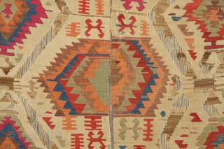 Fethiye Area Kilim, mid-9th century. Good colors with a soft green and a rich apricot. Archaic drawing. Corrosion of the browns. 150 x 340 cm. Contact danauger@tribalgardenrugs.com
      