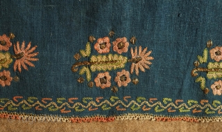 Ottoman yaglik or napkin, indigo blue dyed ground, 19th century. The embroidery is silk and metallic foil.  The indigo blue ground material is very rare among these. 40 x 84 cm 