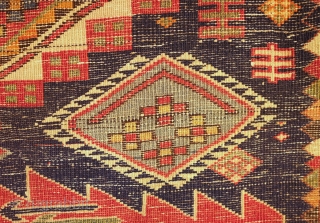 Shirvan Rug of serrated-edged hexagon column type, 1890s to 1900 or so.  Wonderful array of sharp colors.  A classical Caucasian rug.  130 x 263 cm     