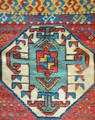 Kazak rug, 19th century.  This is a village woven Kazak rug quite distinct from the commercial production of the area of the time. It has a free style of drawing and  ...