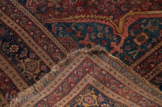 Old Bijar, 1800s, tatter to ends and sides, even knot heads across, some foundation showing. Fantastic colors, great design, great size. 7'1" x 10'2". Contact for more info.     