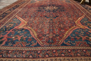 Old Bijar, 1800s, tatter to ends and sides, even knot heads across, some foundation showing. Fantastic colors, great design, great size. 7'1" x 10'2". Contact for more info.     