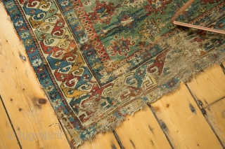 Old Caucasian rug, 1800s. Amazing color, great quality, early for type. Used and enjoyed, see photos. Special piece, rare green color. Dated in lower right corner "122" / 1802. 3'2" x 4'2".  ...