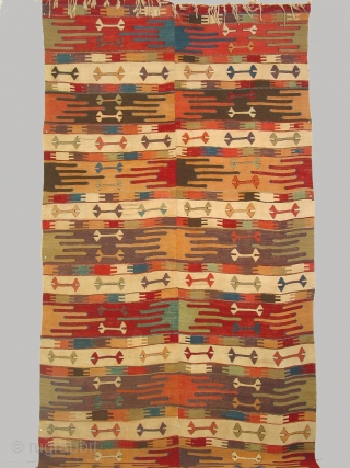 Anatolian kilim with 9 saf like bands woven in two pieces, 150 x 366 cm, circa 1800. The kilim is in exceptional condition with no repairs or reweaving. I have not seen  ...