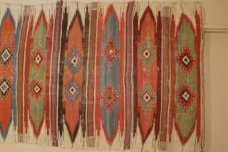 Anatolian kilim woven in one piece patterned with 10 bands containing double niche saf type motifs, Central Anatolia, 17th/18th century, 168 x 400cm, Outstanding condition for age with many small areas of  ...