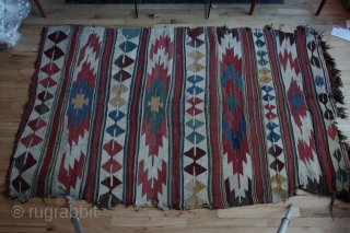 Anatolian kilim, Mut region, 59 x 94 inches (148 x 238cm), circa 1850, some damage and some reweaving as can be seen in the images. The design is atypical for a Mut  ...