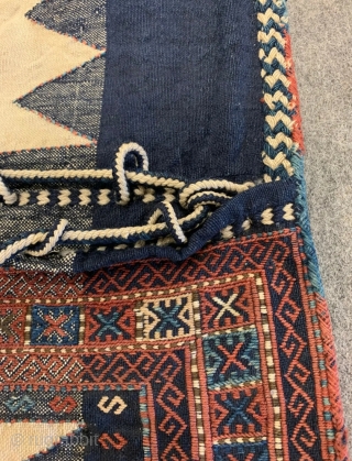 Antique Azeri Verneh Shaddah (Shahsavan?) embroided Kilim Saddlebag with naturel dyes, good condition, probably from Karabach area
~ 1900/1920

124x53cm

Mail: goekay.sargin@yahoo.de              