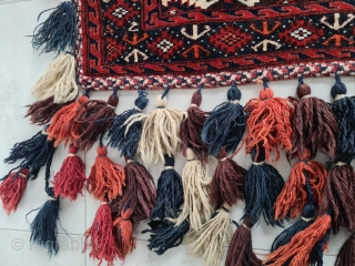 Antique turkmen Yomud / turkoman Yomut Asmalyk, with completely preserved tassels,
120x75cm, cleaned, beginning of 20th Century
shipping from Germany               