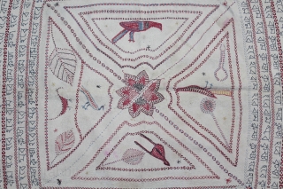 Rare Kantha (Mansion As Ram-Ram, Krishna-Krishna ,Hari-Hari)Quilted Embroidery with cotton thread Kantha Probably From Faridpur District,East
Bengal(Bangladesh)region.India.C.1900.Its size is W-90cm x L-90cm.(DSC05490).            