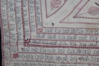Rare Kantha (Mansion As Ram-Ram, Krishna-Krishna ,Hari-Hari)Quilted Embroidery with cotton thread Kantha Probably From Faridpur District,East
Bengal(Bangladesh)region.India.C.1900.Its size is W-90cm x L-90cm.(DSC05490).            
