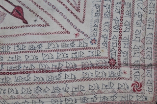 Rare Kantha (Mansion As Ram-Ram, Krishna-Krishna ,Hari-Hari)Quilted Embroidery with cotton thread Kantha Probably From Faridpur District,East
Bengal(Bangladesh)region.India.C.1900.Its size is W-90cm x L-90cm.(DSC05490).            