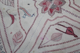Rare Kantha (Mansion As Ram-Ram, Krishna-Krishna ,Hari-Hari)Quilted Embroidery with cotton thread Kantha Probably From Faridpur District,East
Bengal(Bangladesh)region.India.C.1900.Its size is W-90cm x L-90cm.(DSC05490).            