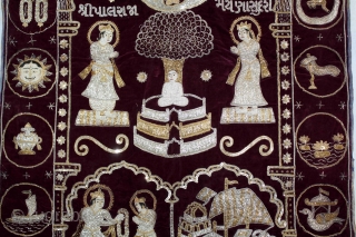 Jain Temple hanging From Gujarat,Inadia.Circa.1900.Real Silver and Gold Zari work.Its Jain Ashatmangal and 14 Sapanas(Dreams) both side.Date is Mention on the bottom.Its size is W-79cm x L-132cm.(DSE05070).      