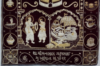 Jain Temple hanging From Gujarat,Inadia.Circa.1900.Real Silver and Gold Zari work.Its Jain Ashatmangal and 14 Sapanas(Dreams) both side.Date is Mention on the bottom.Its size is W-79cm x L-132cm.(DSE05070).      
