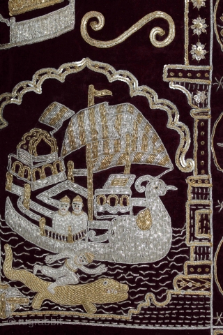 Jain Temple hanging From Gujarat,Inadia.Circa.1900.Real Silver and Gold Zari work.Its Jain Ashatmangal and 14 Sapanas(Dreams) both side.Date is Mention on the bottom.Its size is W-79cm x L-132cm.(DSE05070).      
