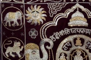 Jain Temple hanging From Gujarat,Inadia.Circa.1900.Real Silver and Gold Zari work.Its Jain Ashatmangal and 14 Sapanas(Dreams) both side.Date is Mention on the bottom.Its size is W-79cm x L-132cm.(DSE05070).      