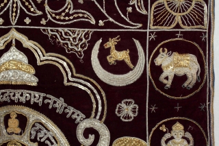 Jain Temple hanging From Gujarat,Inadia.Circa.1900.Real Silver and Gold Zari work.Its Jain Ashatmangal and 14 Sapanas(Dreams) both side.Date is Mention on the bottom.Its size is W-79cm x L-132cm.(DSE05070).      