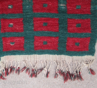 Central Anatolia...Vintage ( pre-40s) Karapinar Tulu......looped technique, in (2) pieces joined....3'6" x 5'5"( 107cm x 165 )....aniline dyes..wool and angora goat hair...condition as found and shown.       